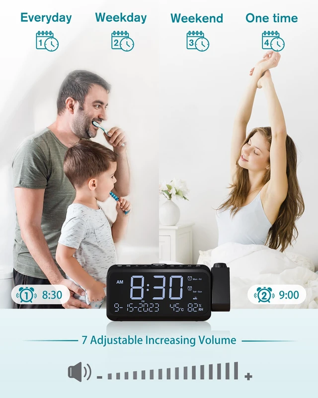 Alt view image 4 of 7 - Roxicosly Projection Alarm Clock for Bedroom Ceiling, 118 dB Super Loud for Heavy Sleepers, Plug in Dual Alarm with Weekday/Weekend, 6.7" Large Digital Dimmable Display, Easy to Read