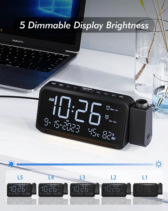Alt view image 5 of 7 - Roxicosly Projection Alarm Clock for Bedroom Ceiling, 118 dB Super Loud for Heavy Sleepers, Plug in Dual Alarm with Weekday/Weekend, 6.7" Large Digital Dimmable Display, Easy to Read