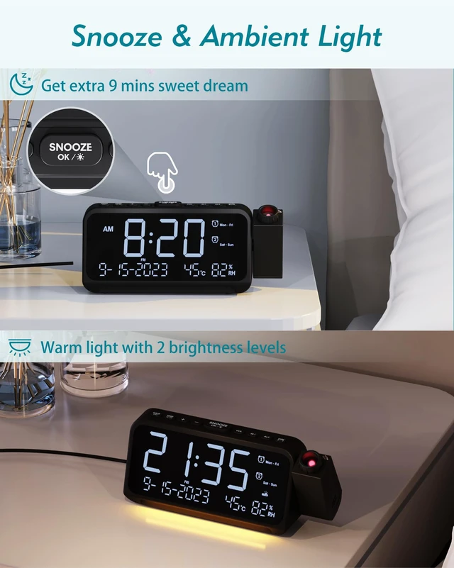 Alt view image 6 of 7 - Roxicosly Projection Alarm Clock for Bedroom Ceiling, 118 dB Super Loud for Heavy Sleepers, Plug in Dual Alarm with Weekday/Weekend, 6.7" Large Digital Dimmable Display, Easy to Read