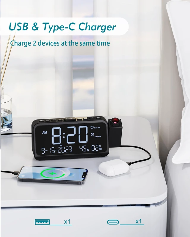 Alt view image 7 of 7 - Roxicosly Projection Alarm Clock for Bedroom Ceiling, 118 dB Super Loud for Heavy Sleepers, Plug in Dual Alarm with Weekday/Weekend, 6.7" Large Digital Dimmable Display, Easy to Read