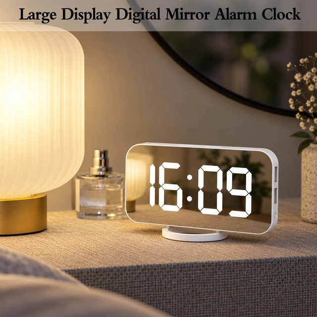 Alt view image 2 of 7 - Digital Alarm Clock, Mirror LED Desk Clock with Large Display, White | 3 Brightness Levels, 12/24H, Bedside Clock with Dual USB Ports, Modern Electronic Clock for Bedroom, Living Room & Office