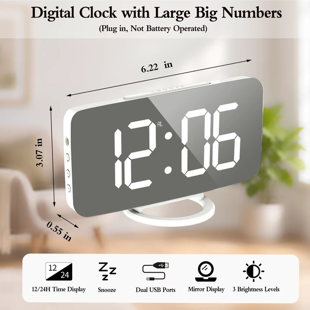 Alt view image 3 of 7 - Digital Alarm Clock, Mirror LED Desk Clock with Large Display, White | 3 Brightness Levels, 12/24H, Bedside Clock with Dual USB Ports, Modern Electronic Clock for Bedroom, Living Room & Office