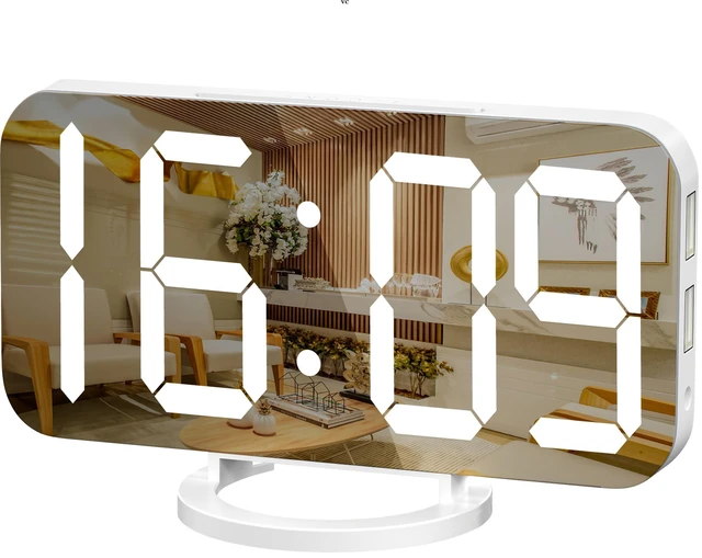 Main image of Digital Alarm Clock, Mirror LED Desk Clock with Large Display, White | 3 Brightness Levels, 12/24H, Bedside Clock with Dual USB Ports, Modern Electronic Clock for Bedroom, Living Room & Office
