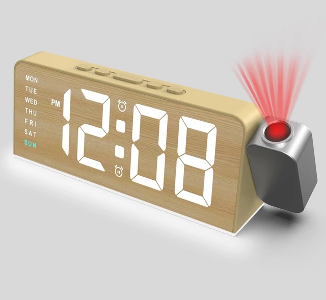 Main image of Projection Alarm Clock for Bedroom, Digital Night Light Clock with 180° Projector on Ceiling, 3 Level Brightness, USB Charger, Temperature, Dual Alarms for Kids, Heavy Sleepers, Snooze, 12/24H (Wood)