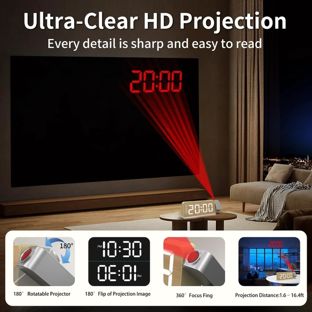 Alt view image 2 of 7 - Projection Alarm Clock for Bedroom, Digital Night Light Clock with 180° Projector on Ceiling, 3 Level Brightness, USB Charger, Temperature, Dual Alarms for Kids, Heavy Sleepers, Snooze, 12/24H (Wood)