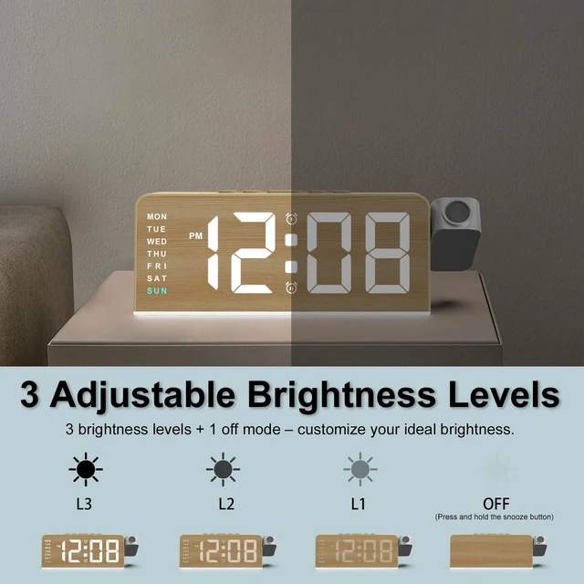 Alt view image 3 of 7 - Projection Alarm Clock for Bedroom, Digital Night Light Clock with 180° Projector on Ceiling, 3 Level Brightness, USB Charger, Temperature, Dual Alarms for Kids, Heavy Sleepers, Snooze, 12/24H (Wood)