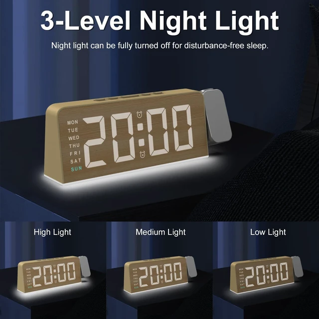 Alt view image 4 of 7 - Projection Alarm Clock for Bedroom, Digital Night Light Clock with 180° Projector on Ceiling, 3 Level Brightness, USB Charger, Temperature, Dual Alarms for Kids, Heavy Sleepers, Snooze, 12/24H (Wood)