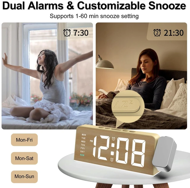 Alt view image 5 of 7 - Projection Alarm Clock for Bedroom, Digital Night Light Clock with 180° Projector on Ceiling, 3 Level Brightness, USB Charger, Temperature, Dual Alarms for Kids, Heavy Sleepers, Snooze, 12/24H (Wood)