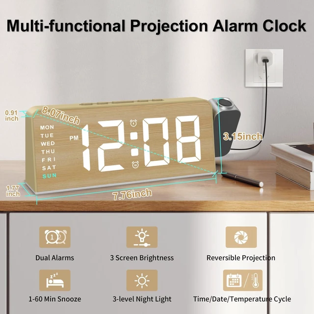 Alt view image 6 of 7 - Projection Alarm Clock for Bedroom, Digital Night Light Clock with 180° Projector on Ceiling, 3 Level Brightness, USB Charger, Temperature, Dual Alarms for Kids, Heavy Sleepers, Snooze, 12/24H (Wood)