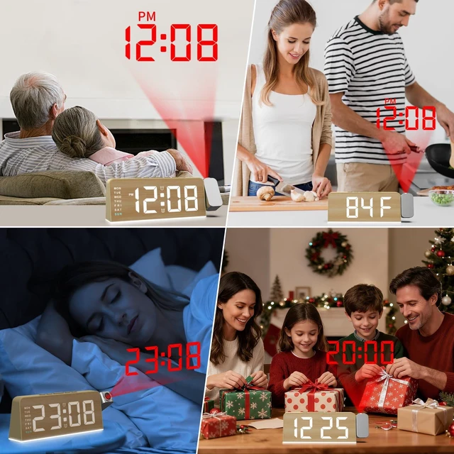Alt view image 7 of 7 - Projection Alarm Clock for Bedroom, Digital Night Light Clock with 180° Projector on Ceiling, 3 Level Brightness, USB Charger, Temperature, Dual Alarms for Kids, Heavy Sleepers, Snooze, 12/24H (Wood)