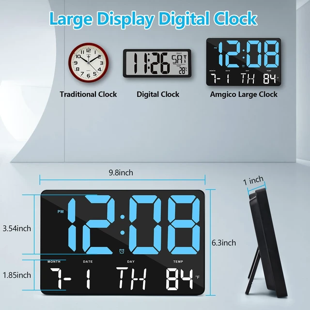 Alt view image 4 of 7 - Amgico Digital Alarm Clock with Snooze, Temperature, Auto Dimming, 11.5" Large Display Calendar, Desk/Wall Clock for Bedroom, Living Room, Office, Home, Classroom, Kids, Elderly - Blue