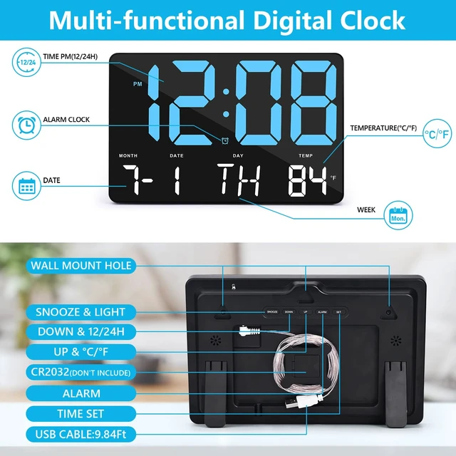 Alt view image 6 of 7 - Amgico Digital Alarm Clock with Snooze, Temperature, Auto Dimming, 11.5" Large Display Calendar, Desk/Wall Clock for Bedroom, Living Room, Office, Home, Classroom, Kids, Elderly - Blue