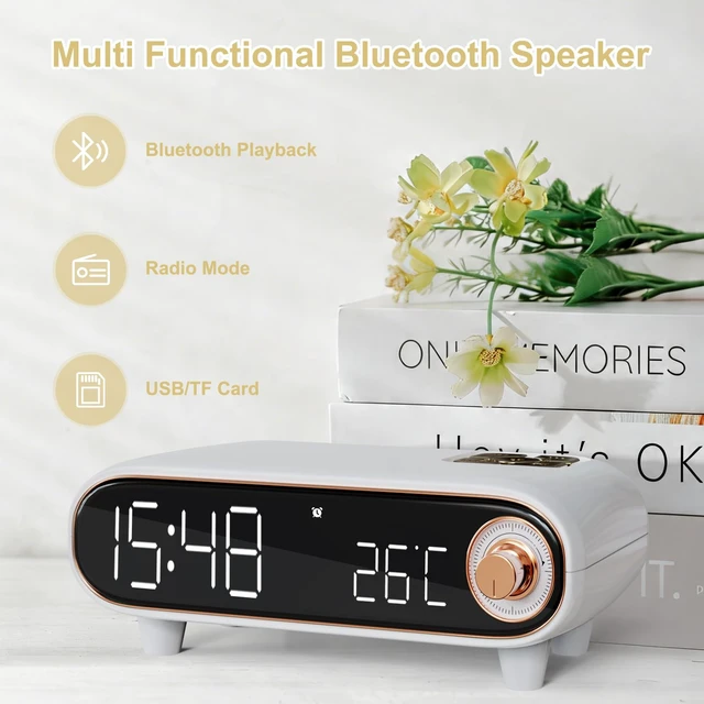 Alt view image 3 of 6 - ONCHEER Alarm Clock Radio for Bedroom, Loud Voice for Deep Sleep, Bluetooth Speaker, USB/TF Card Music Playing, Digital FM Radio, Temperature Display, LED Night Light, Cute Decor for Home (White)