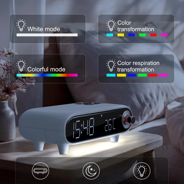 Alt view image 4 of 6 - ONCHEER Alarm Clock Radio for Bedroom, Loud Voice for Deep Sleep, Bluetooth Speaker, USB/TF Card Music Playing, Digital FM Radio, Temperature Display, LED Night Light, Cute Decor for Home (White)