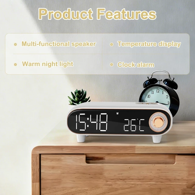 Alt view image 5 of 6 - ONCHEER Alarm Clock Radio for Bedroom, Loud Voice for Deep Sleep, Bluetooth Speaker, USB/TF Card Music Playing, Digital FM Radio, Temperature Display, LED Night Light, Cute Decor for Home (White)