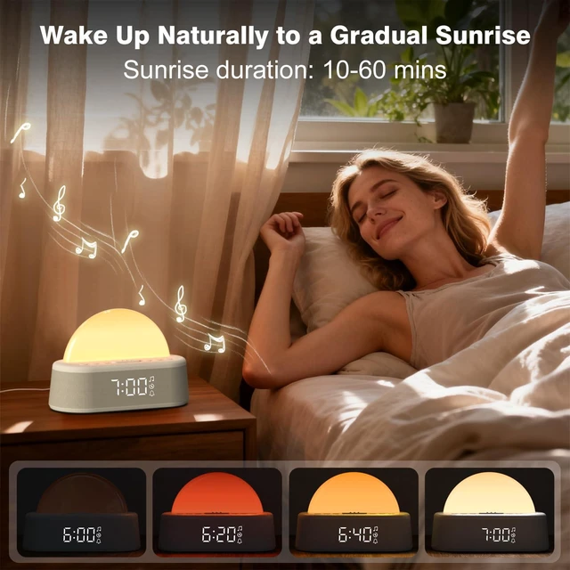 Alt view image 4 of 7 - Wake Up Light Sunrise Alarm Clock, Dual Alarm with White Noise Machine | 30 Sleep Sounds, 9 Min Snooze, 8 Colors Dimmer Night Light ,12/24H Alarms Clock Timer for Heavy Sleepers