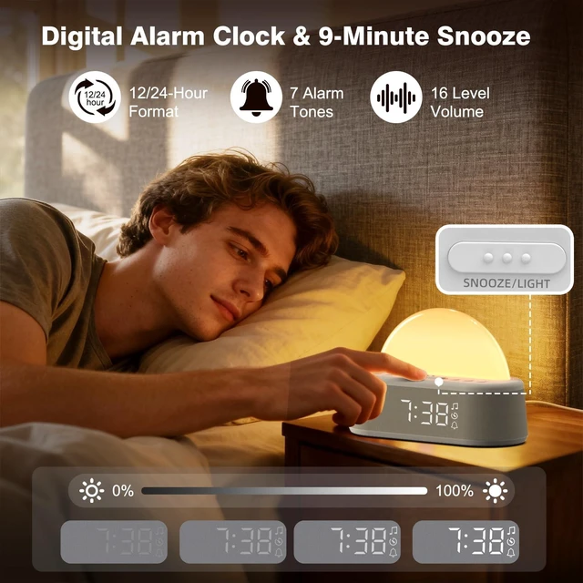 Alt view image 5 of 7 - Wake Up Light Sunrise Alarm Clock, Dual Alarm with White Noise Machine | 30 Sleep Sounds, 9 Min Snooze, 8 Colors Dimmer Night Light ,12/24H Alarms Clock Timer for Heavy Sleepers