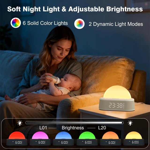 Alt view image 7 of 7 - Wake Up Light Sunrise Alarm Clock, Dual Alarm with White Noise Machine | 30 Sleep Sounds, 9 Min Snooze, 8 Colors Dimmer Night Light ,12/24H Alarms Clock Timer for Heavy Sleepers