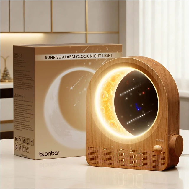 Main image of blonbar Dual Alarm Clock for Heavy Sleepers, Dimmable Moon Lamp Gifts | Sunrise Alarm Clocks with 12Levels Volume, 10 Natural White Noise Sounds with 30/60/90mins Timer for Bedrooms, wake up light