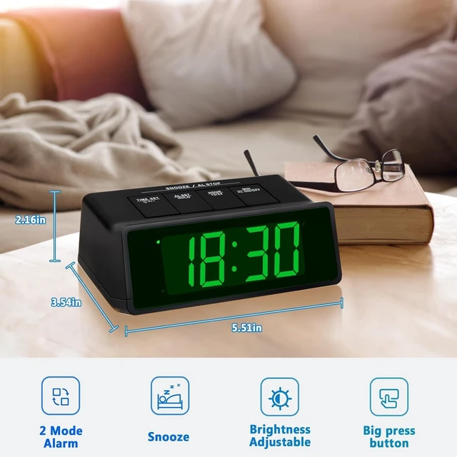 Alt view image 2 of 6 - Timegyro LED Alarm Clock Large Display, 3 Brightness Levels, Super-Loud 110dB Alarm, Snooze, 12/24H, Battery Operated for Heavy Sleepers, Kids, Seniors (Black-Green Display)