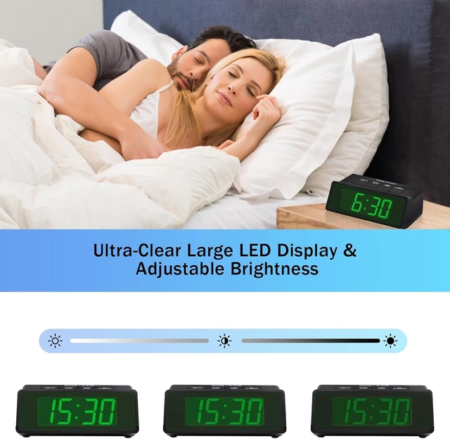 Alt view image 4 of 6 - Timegyro LED Alarm Clock Large Display, 3 Brightness Levels, Super-Loud 110dB Alarm, Snooze, 12/24H, Battery Operated for Heavy Sleepers, Kids, Seniors (Black-Green Display)