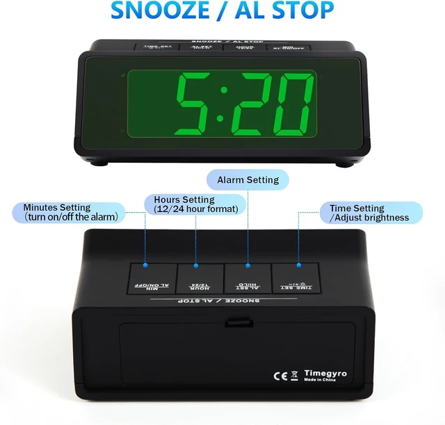 Alt view image 3 of 6 - Timegyro LED Alarm Clock Large Display, 3 Brightness Levels, Super-Loud 110dB Alarm, Snooze, 12/24H, Battery Operated for Heavy Sleepers, Kids, Seniors (Black-Green Display)
