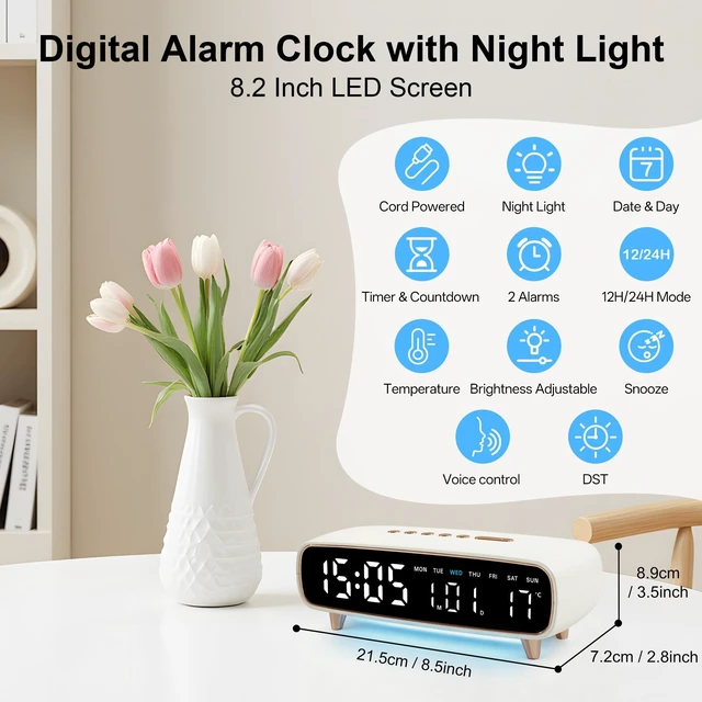 Alt view image 2 of 7 - Lafocuse Digital Alarm Clock with Light, 8.2" LED Display White Digital Clock Type-C/Battery Operated with USB Charging, Dual Alarm, Temperature, DST, Snooze for Heavy Sleepers Bedroom Office
