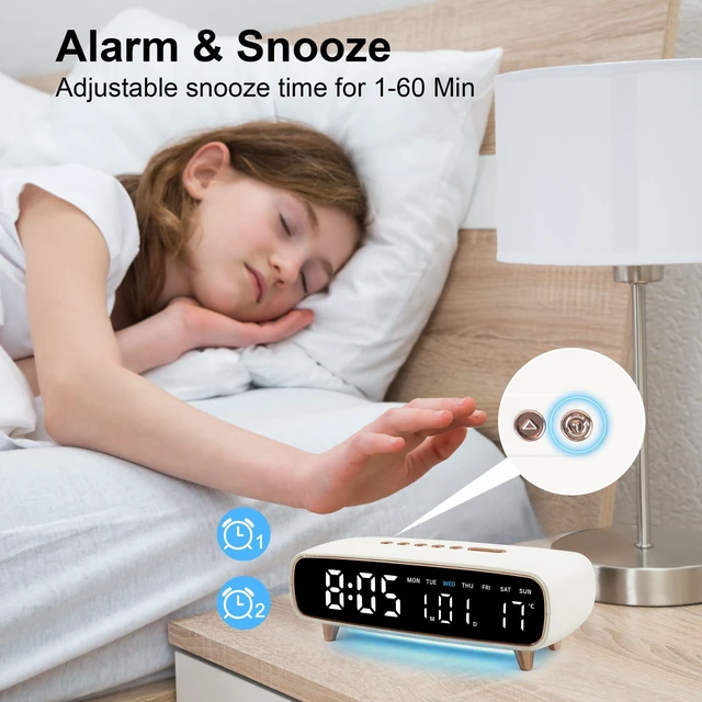 Alt view image 4 of 7 - Lafocuse Digital Alarm Clock with Light, 8.2" LED Display White Digital Clock Type-C/Battery Operated with USB Charging, Dual Alarm, Temperature, DST, Snooze for Heavy Sleepers Bedroom Office
