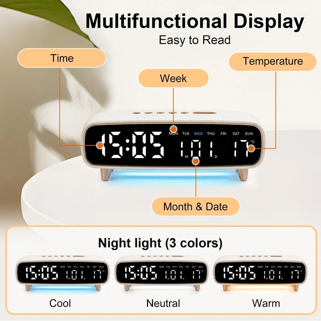 Alt view image 5 of 7 - Lafocuse Digital Alarm Clock with Light, 8.2" LED Display White Digital Clock Type-C/Battery Operated with USB Charging, Dual Alarm, Temperature, DST, Snooze for Heavy Sleepers Bedroom Office
