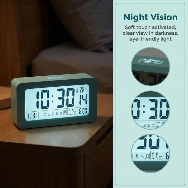 Alt view image 3 of 5 - HMETOL Digital Alarm Clock with Large LED Display and Night Light 1PC | Snooze button for extra rest. Loud vibration wakes deep sleepers 5.4"L x 1.4"W x 3.0"H Green