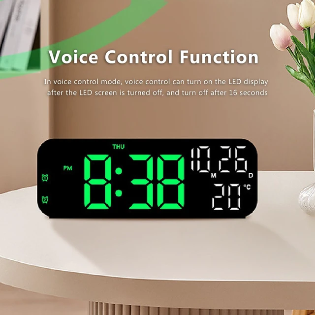Alt view image 5 of 7 - CCYLEZ LED Alarm Clock Digital Clock with Voice Control 3 Adjustable Brightness Temperature Display Dual Alarm Countdown Timer for Bedroom Office Black Green Lamp
