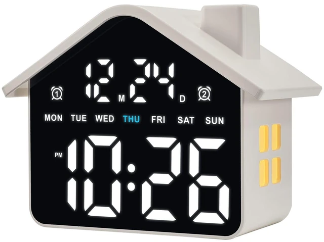 Main image of Plumeet Digital Alarm Clock, Bedroom Clock with Large Numbers, Date, Week, Dual Alarms, Dimmer and Ambient Light, House-Shaped Electric Bedside Desk Clock, Adapter Batteries Powered, White