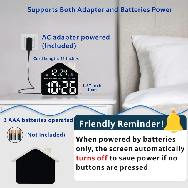 Alt view image 2 of 7 - Plumeet Digital Alarm Clock, Bedroom Clock with Large Numbers, Date, Week, Dual Alarms, Dimmer and Ambient Light, House-Shaped Electric Bedside Desk Clock, Adapter Batteries Powered, White