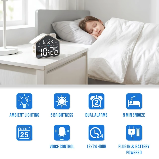 Alt view image 3 of 7 - Plumeet Digital Alarm Clock, Bedroom Clock with Large Numbers, Date, Week, Dual Alarms, Dimmer and Ambient Light, House-Shaped Electric Bedside Desk Clock, Adapter Batteries Powered, White