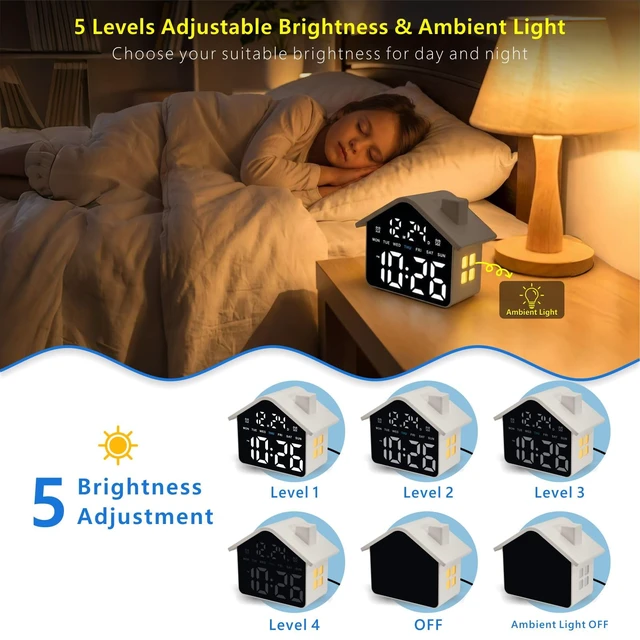 Alt view image 4 of 7 - Plumeet Digital Alarm Clock, Bedroom Clock with Large Numbers, Date, Week, Dual Alarms, Dimmer and Ambient Light, House-Shaped Electric Bedside Desk Clock, Adapter Batteries Powered, White