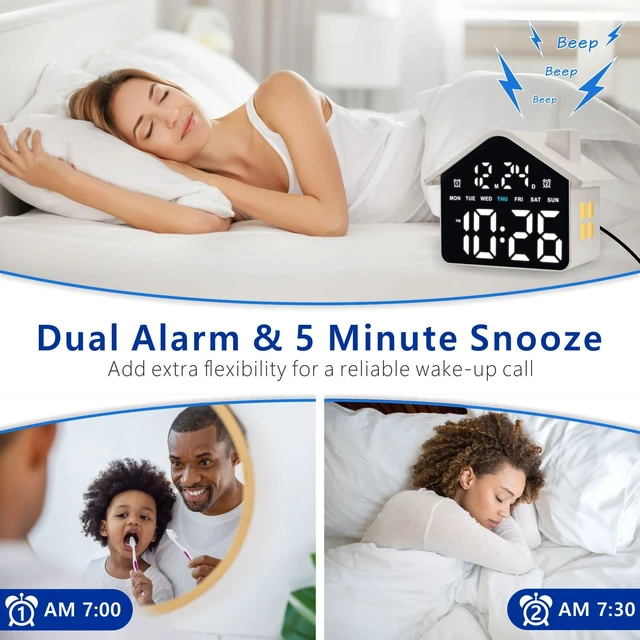 Alt view image 5 of 7 - Plumeet Digital Alarm Clock, Bedroom Clock with Large Numbers, Date, Week, Dual Alarms, Dimmer and Ambient Light, House-Shaped Electric Bedside Desk Clock, Adapter Batteries Powered, White