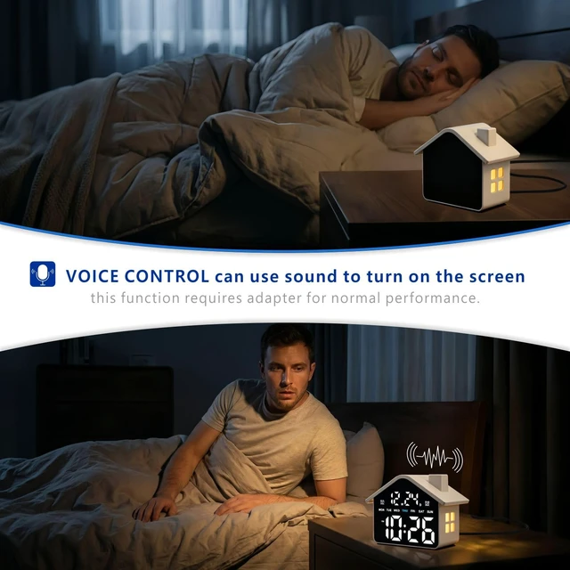 Alt view image 6 of 7 - Plumeet Digital Alarm Clock, Bedroom Clock with Large Numbers, Date, Week, Dual Alarms, Dimmer and Ambient Light, House-Shaped Electric Bedside Desk Clock, Adapter Batteries Powered, White