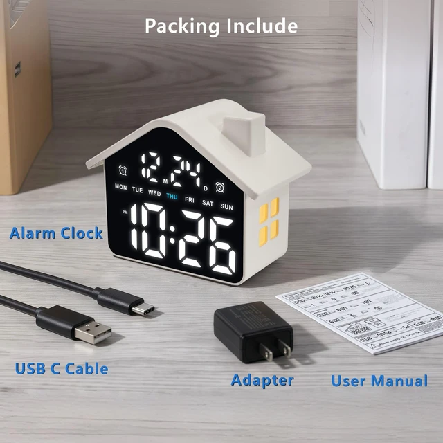 Alt view image 7 of 7 - Plumeet Digital Alarm Clock, Bedroom Clock with Large Numbers, Date, Week, Dual Alarms, Dimmer and Ambient Light, House-Shaped Electric Bedside Desk Clock, Adapter Batteries Powered, White
