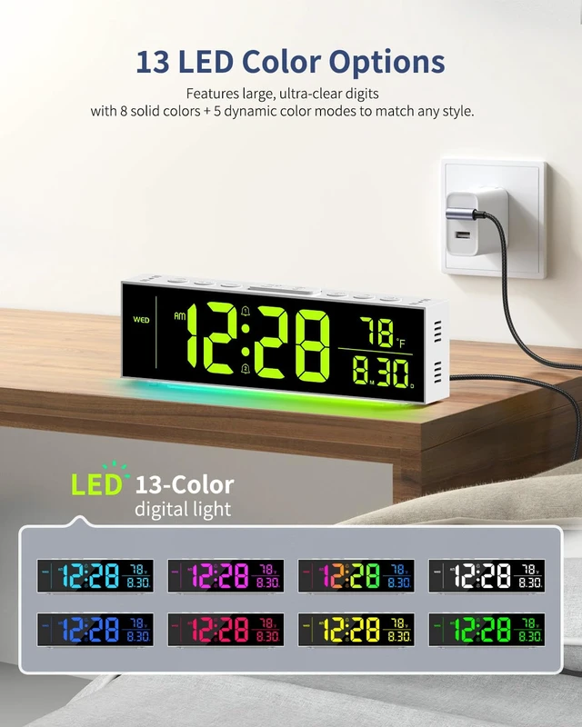 Alt view image 2 of 7 - Digital Clock, Alarm Clock for Bedroom, Digital Wall Clocks for Classroom, Living Room Decor, Desk Clock Large Display, 13 Number Display Colors, 12 Ambient Light Colors, Auto Dimming, DST (White)