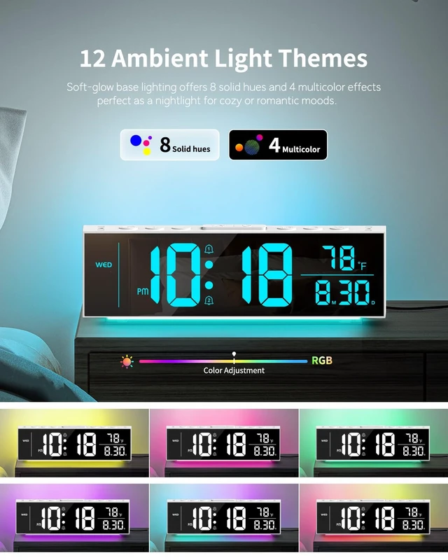 Alt view image 4 of 7 - Digital Clock, Alarm Clock for Bedroom, Digital Wall Clocks for Classroom, Living Room Decor, Desk Clock Large Display, 13 Number Display Colors, 12 Ambient Light Colors, Auto Dimming, DST (White)