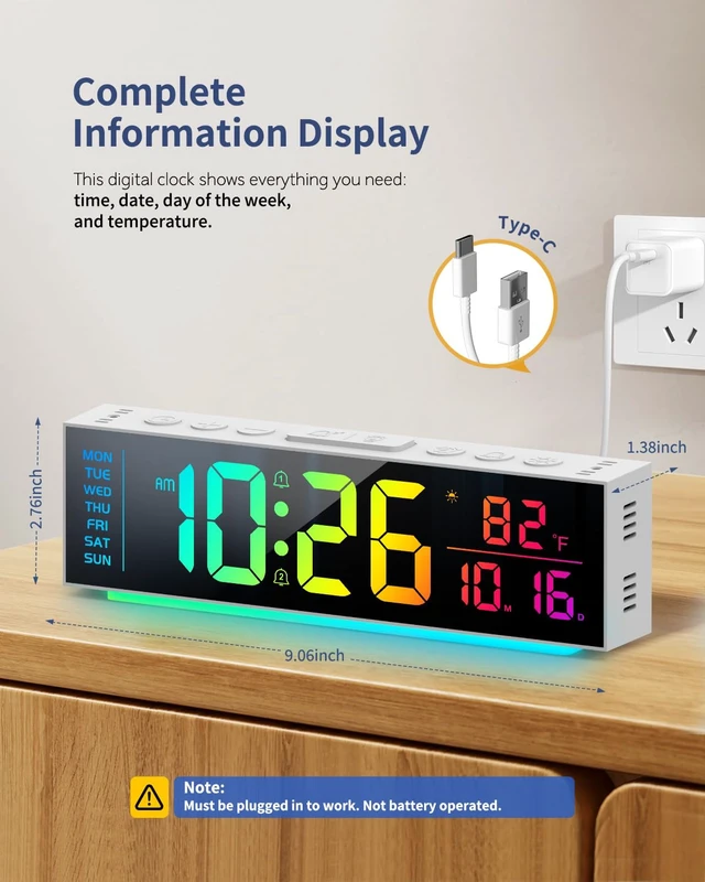 Alt view image 3 of 7 - Digital Clock, Alarm Clock for Bedroom, Digital Wall Clocks for Classroom, Living Room Decor, Desk Clock Large Display, 13 Number Display Colors, 12 Ambient Light Colors, Auto Dimming, DST (White)