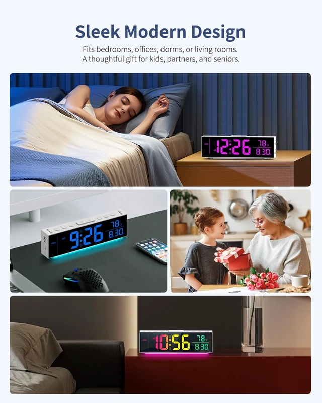 Alt view image 7 of 7 - Digital Clock, Alarm Clock for Bedroom, Digital Wall Clocks for Classroom, Living Room Decor, Desk Clock Large Display, 13 Number Display Colors, 12 Ambient Light Colors, Auto Dimming, DST (White)