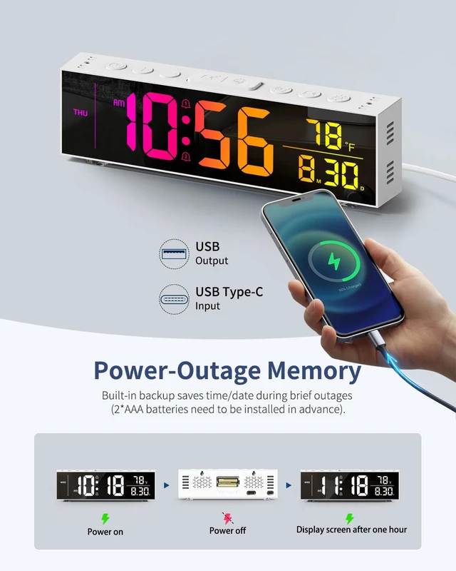 Alt view image 6 of 7 - Digital Clock, Alarm Clock for Bedroom, Digital Wall Clocks for Classroom, Living Room Decor, Desk Clock Large Display, 13 Number Display Colors, 12 Ambient Light Colors, Auto Dimming, DST (White)