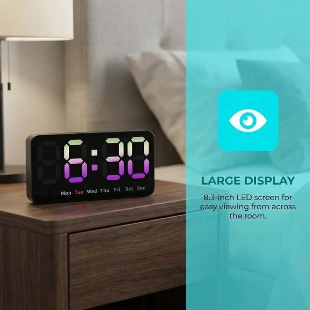 Alt view image 3 of 7 - HMETOL Big Numbers LED Alarm Clock with 3 Adjustable Brightness Levels, Snooze Function, Must Be Plug-in for Bedroom, Office, and Dormitory 8.3" L x 1.2" W x 4.3" H Pink