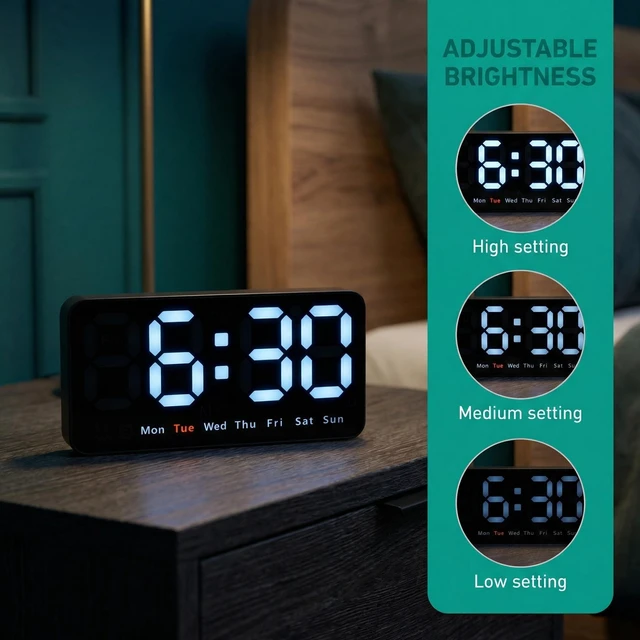 Alt view image 4 of 7 - HMETOL Big Numbers LED Alarm Clock with 3 Adjustable Brightness Levels, Snooze Function, Must Be Plug-in for Bedroom, Office, and Dormitory 8.3" L x 1.2" W x 4.3" H Pink