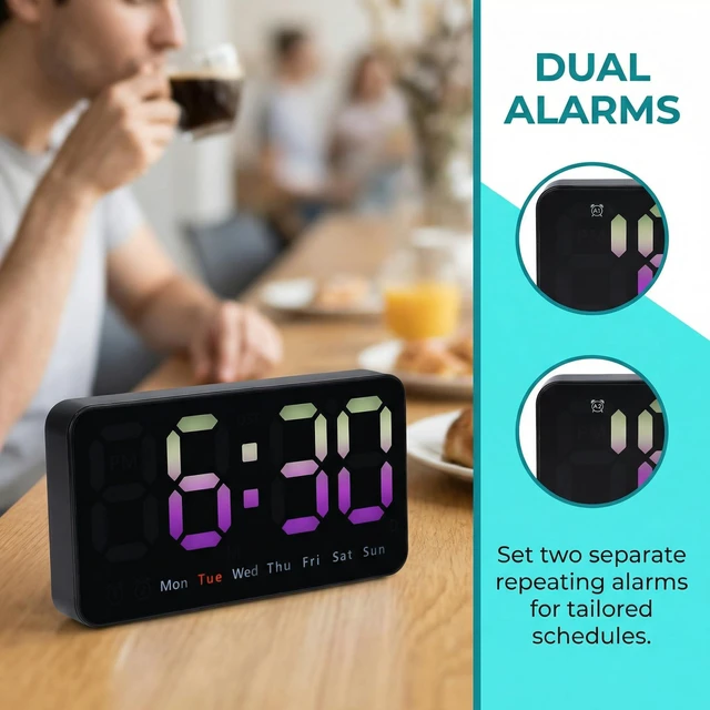 Alt view image 6 of 7 - HMETOL Big Numbers LED Alarm Clock with 3 Adjustable Brightness Levels, Snooze Function, Must Be Plug-in for Bedroom, Office, and Dormitory 8.3" L x 1.2" W x 4.3" H Pink