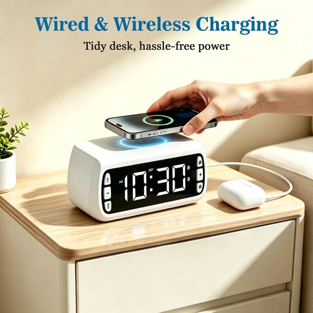 Alt view image 2 of 7 - Fomobest White Digital Alarm Clock with Wireless Charging, USB Port, Dimmable RGB LED Display, Adjustable Night Light, DST, Alarm Clocks for Bedrooms, Bedside, Desk, Nightstand, Bedside, Table, Office