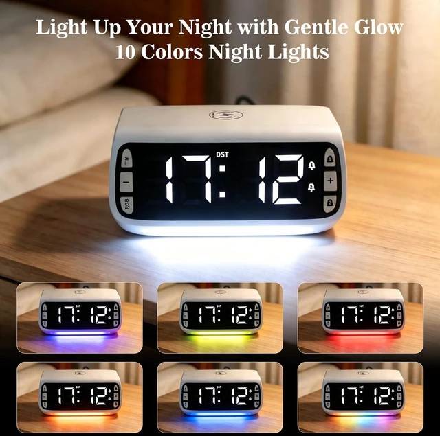 Alt view image 3 of 7 - Fomobest White Digital Alarm Clock with Wireless Charging, USB Port, Dimmable RGB LED Display, Adjustable Night Light, DST, Alarm Clocks for Bedrooms, Bedside, Desk, Nightstand, Bedside, Table, Office