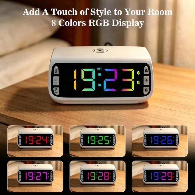 Alt view image 4 of 7 - Fomobest White Digital Alarm Clock with Wireless Charging, USB Port, Dimmable RGB LED Display, Adjustable Night Light, DST, Alarm Clocks for Bedrooms, Bedside, Desk, Nightstand, Bedside, Table, Office