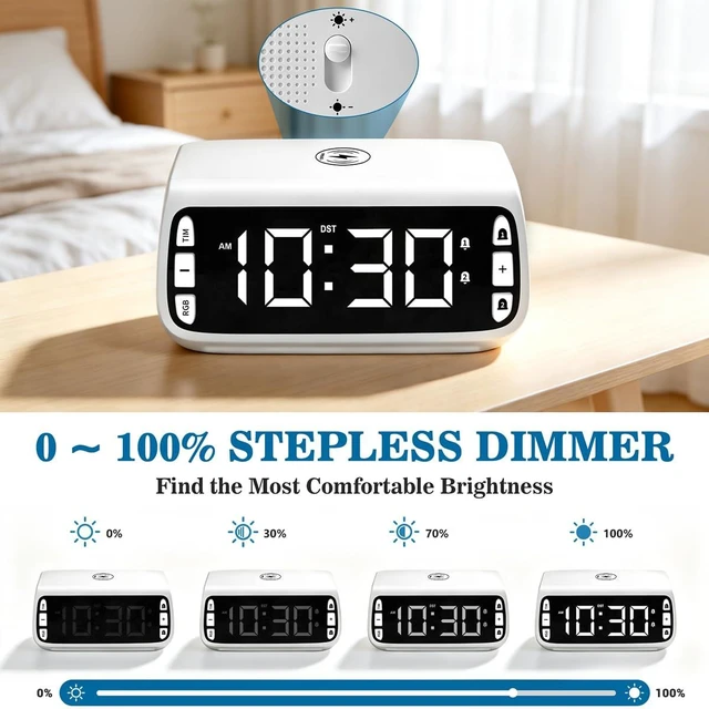 Alt view image 5 of 7 - Fomobest White Digital Alarm Clock with Wireless Charging, USB Port, Dimmable RGB LED Display, Adjustable Night Light, DST, Alarm Clocks for Bedrooms, Bedside, Desk, Nightstand, Bedside, Table, Office